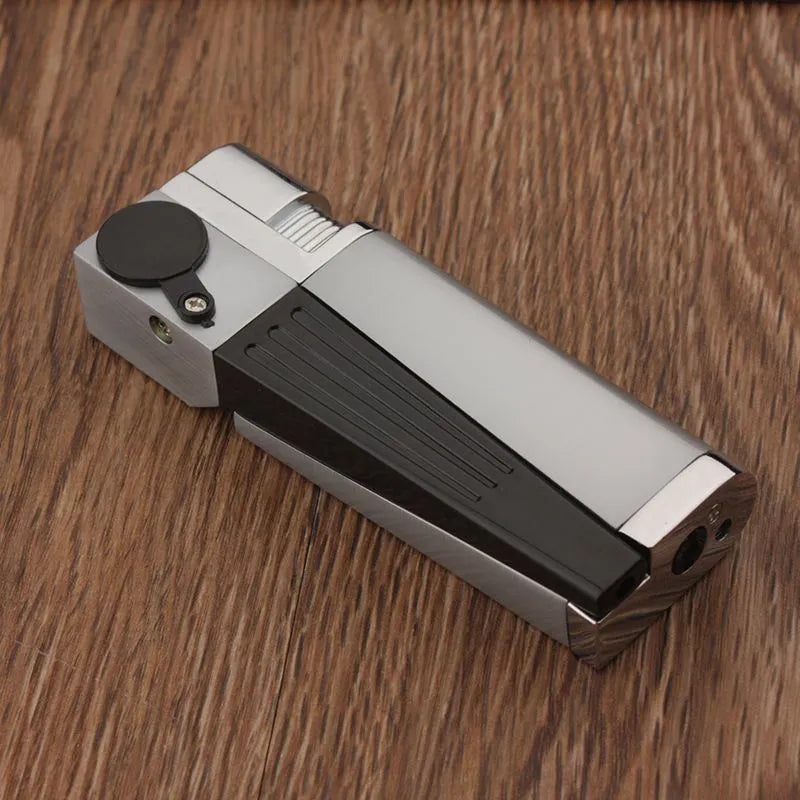 Silver and black foldable metal pipe lighter showing open and closed positions with refillable butane valve