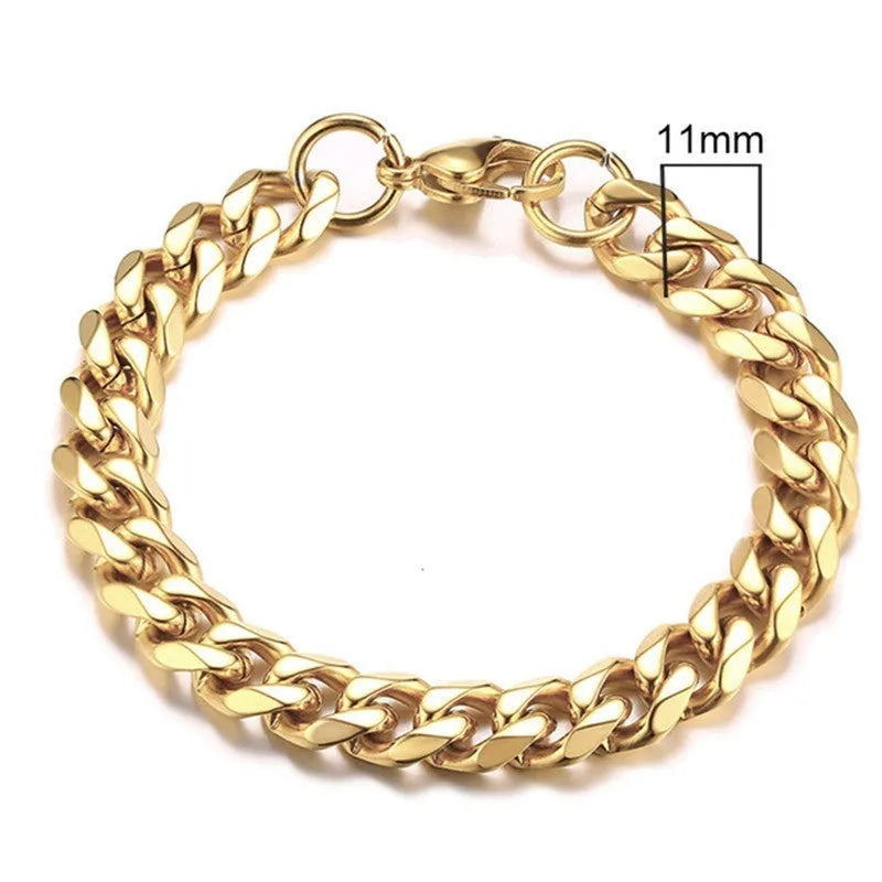 Six-sided geometric gold Cuban link chain metal bracelet showing multiple width and colour options