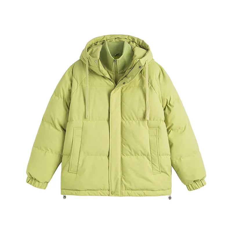 Loose winter cotton-padded coat in mustard yellow colour with side seam pockets