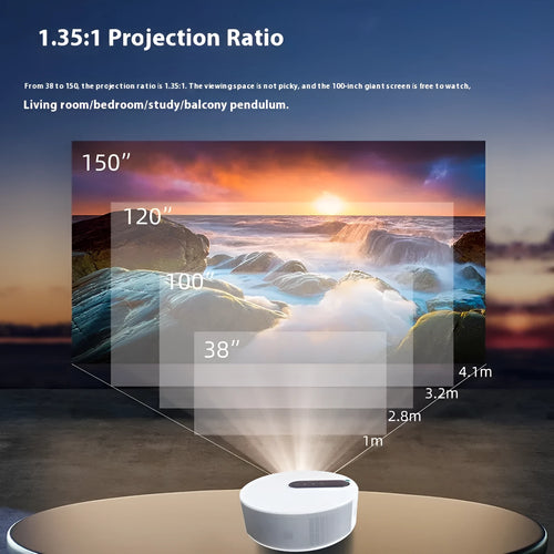 White 720p HD home cinema projector with remote control on a table.