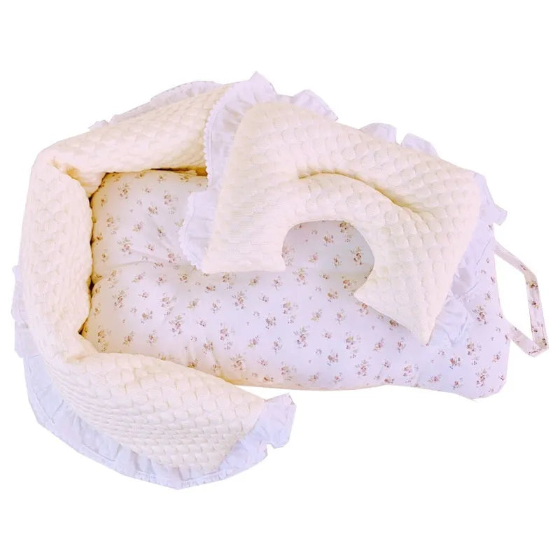 Pure cotton pet stroller accessory set showing removable towel, cushion and pillow in striped pattern