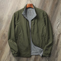 Men's stand collar casual jacket in polyester blend shown in army green colour.