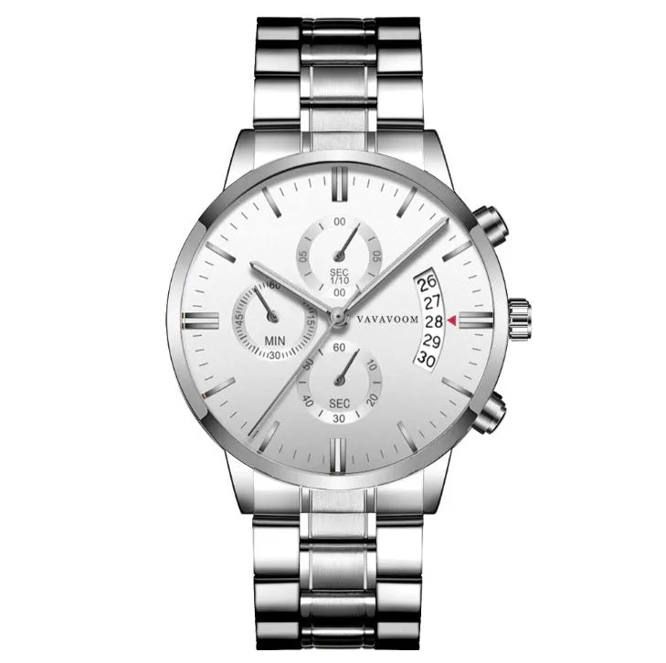 VA VA VOOM men's stainless steel watch with black dial and silver chain, showing round 43mm case and butterfly buckle.