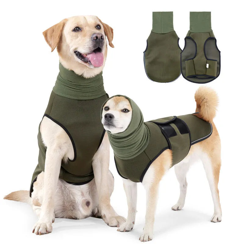 Dog wearing polyester anti-anxiety jacket in army green colour