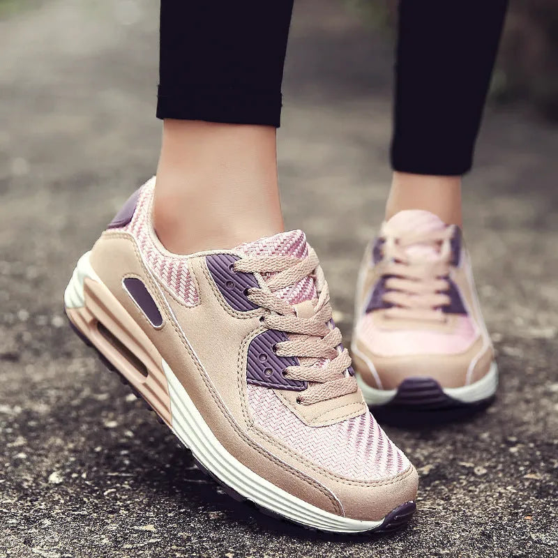 Women's casual shoes with a 3.5cm heel in beige orange, grey, and pink purple colour options.