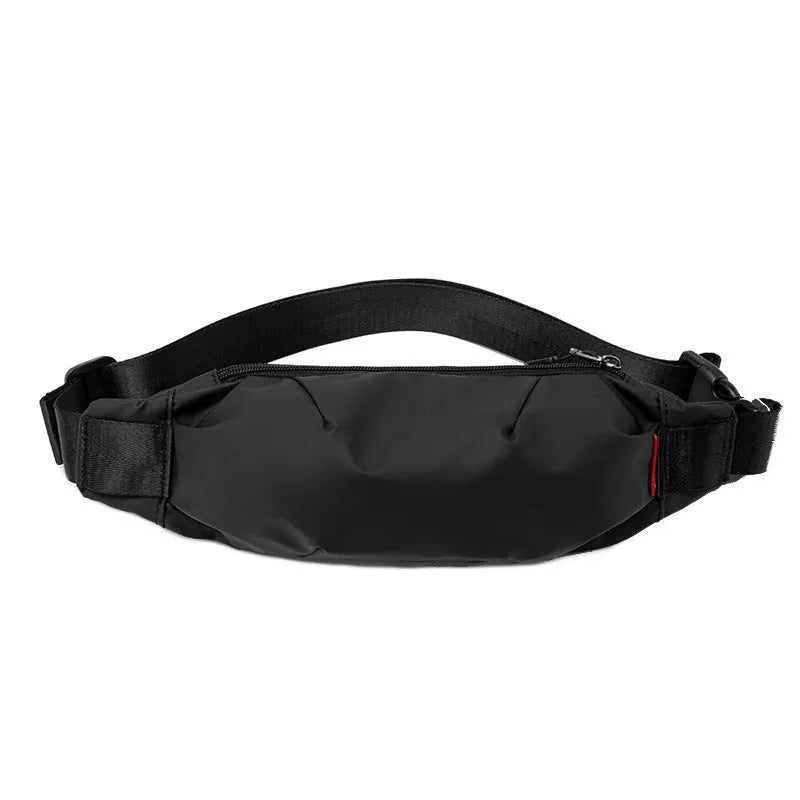Black oxford cloth tactical crossbody bag showing front zipper and compact size.