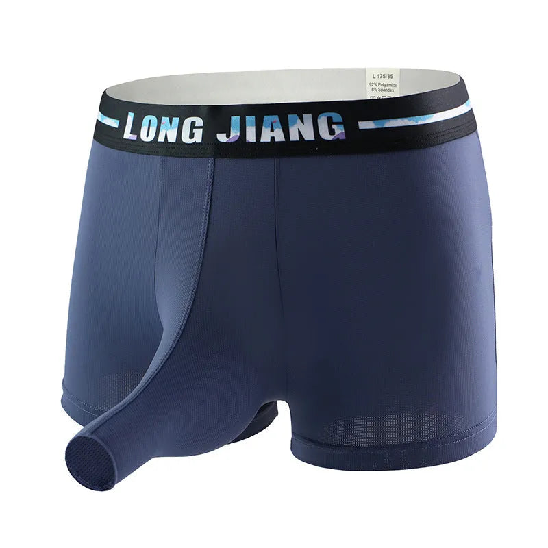 Men's ice silk boxer shorts in a solid colour showing the trunk open design and mid waist fit.