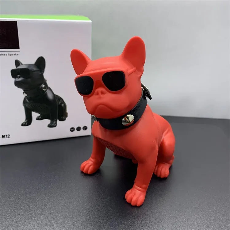 Mini bulldog-shaped Bluetooth speaker in black, red, or white colour, showing compact design.