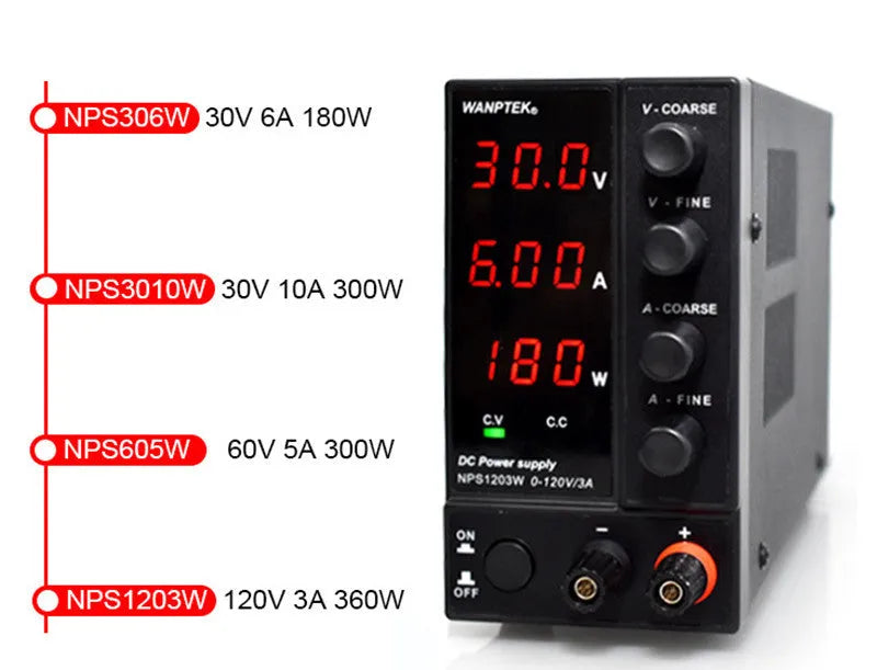 White adjustable DC power supply with voltage and current controls for electronics repair