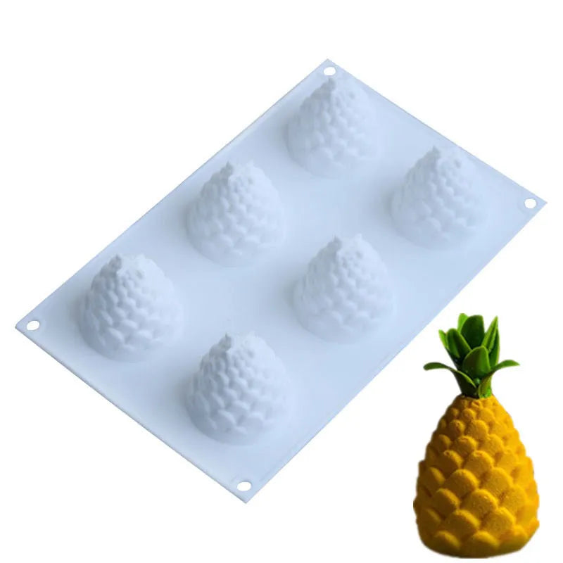 Pineapple-shaped silicone baking mould with six cavities for making Italian mousse desserts.