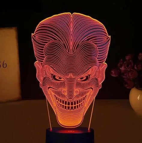 3D LED acrylic table lamp with USB cable and remote control showing multiple colour options