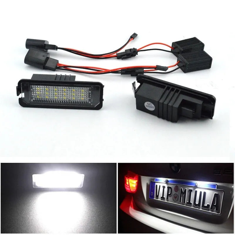 Volkswagen LED license plate light replacement kit with two white LED units for Golf, Polo, Phaeton models