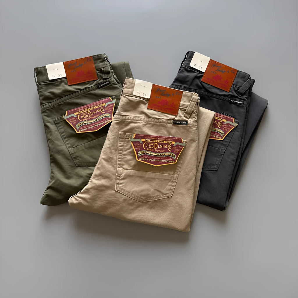 Men's straight-leg cotton trousers in American retro style showing solid colours and classic cut