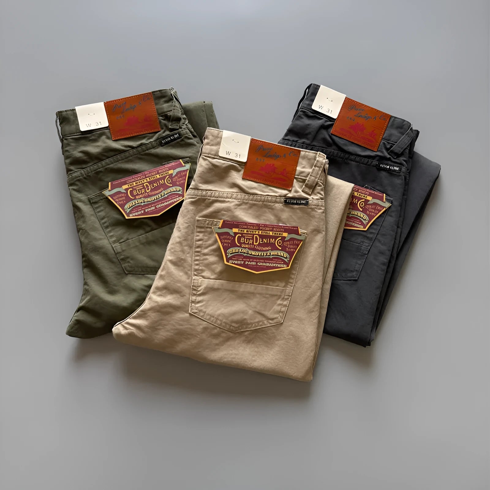 Men's straight-leg cotton trousers in American retro style showing solid colours and classic cut