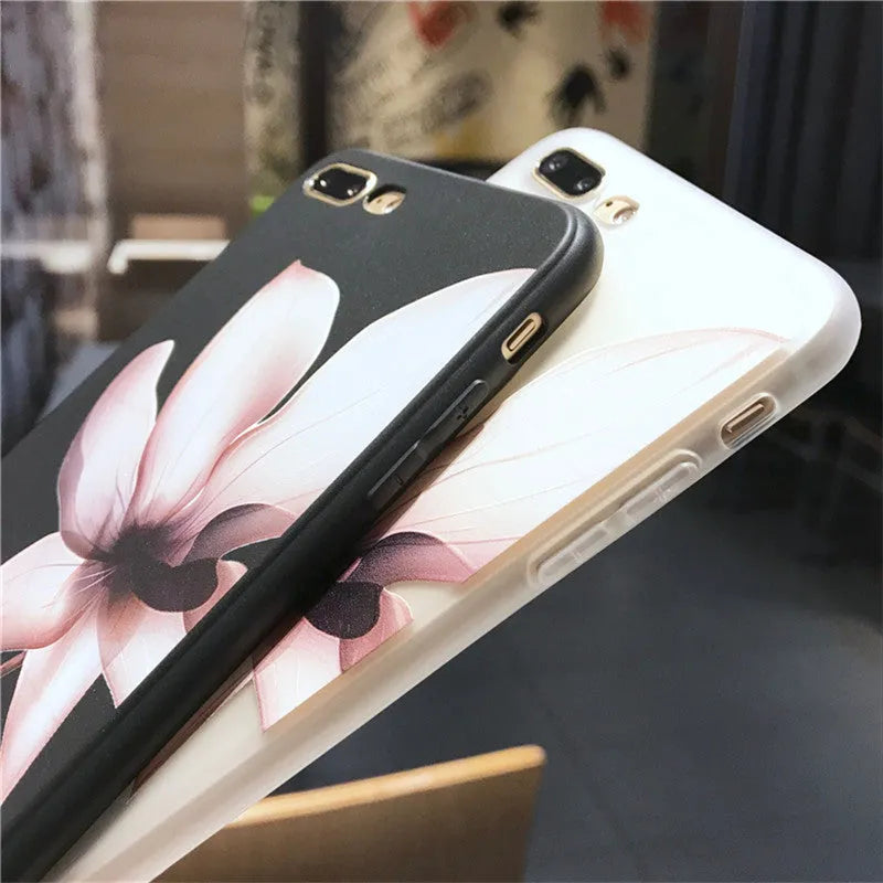 Embossed floral iPhone case in TPU material showing black and white colour options