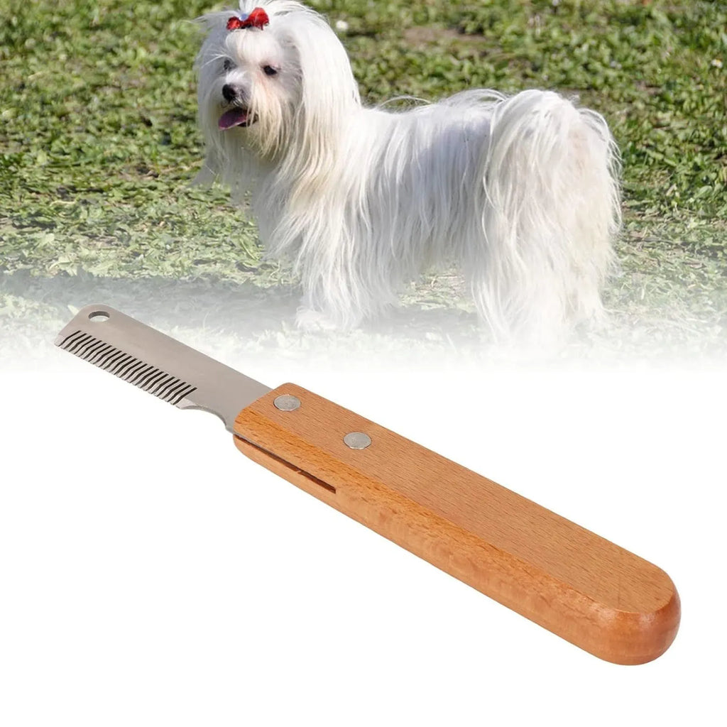 Pet stripping comb with wood handle and metal blade for dog and cat grooming.