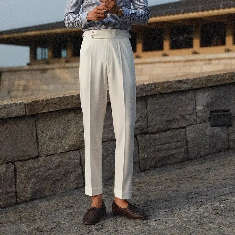 Men's slim fit straight leg suit trousers in black white and apricot for business formal wear