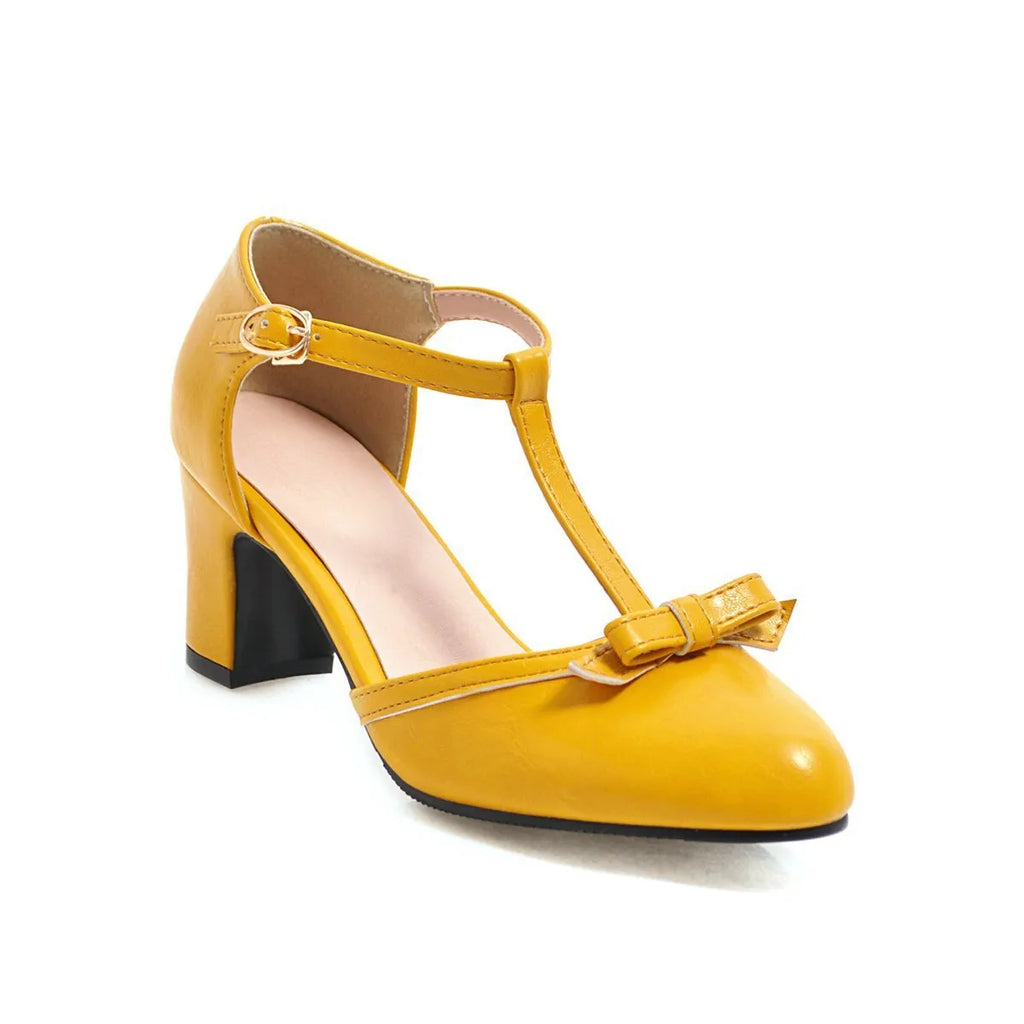 Women's chunky heel sandals with adjustable buckle strap and bow detail