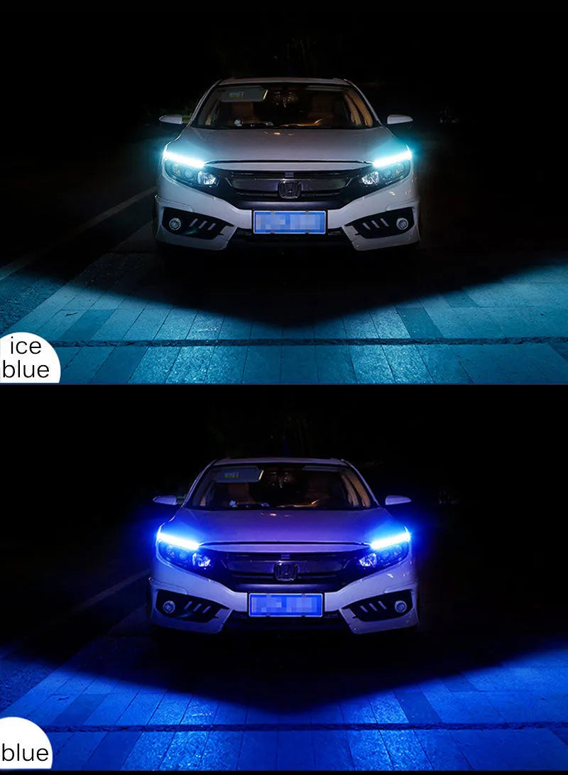 Flexible silicone car LED light strip showing daytime running light and flowing turn signal function in blue to yellow.
