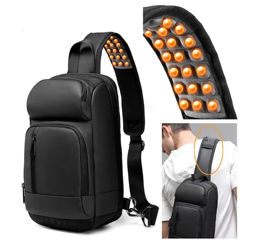Black medium-sized PVC shoulder bag with zipper, showing internal organiser pockets and an air cushion shoulder strap.