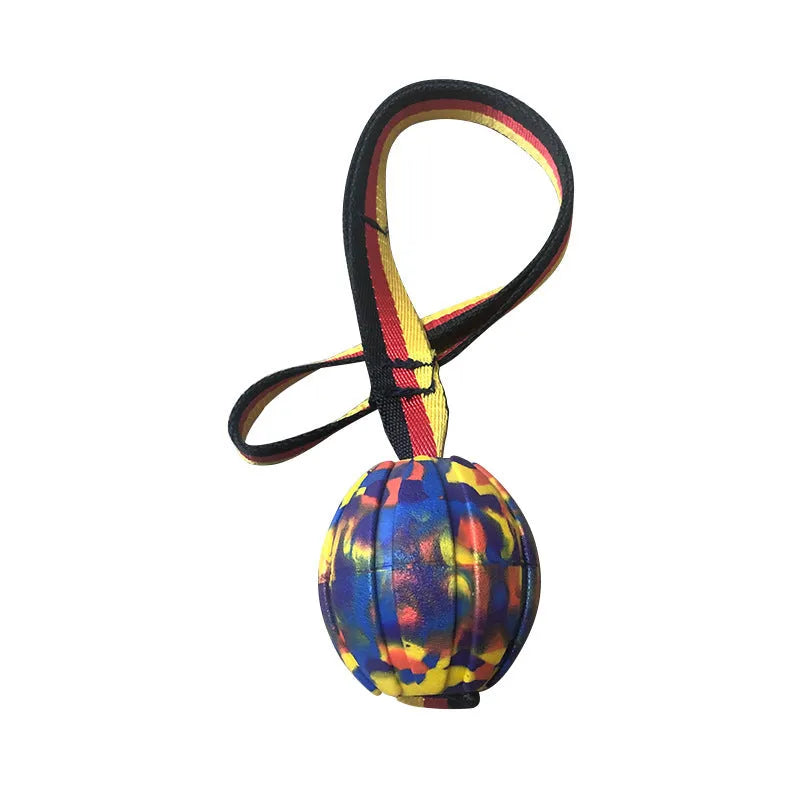 Floating water bite-resistant pet training ball in camouflage and yellow colours showing three size options