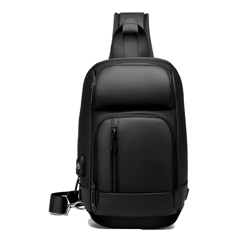 Black medium-sized PVC shoulder bag with zipper, showing internal organiser pockets and an air cushion shoulder strap.