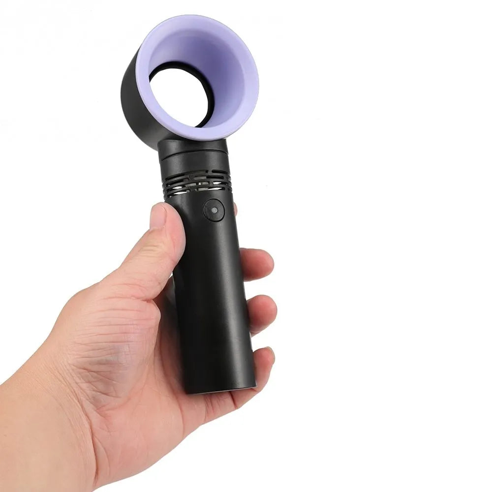 Compact portable bladeless fan in chosen colour on its base, with USB cable for charging.
