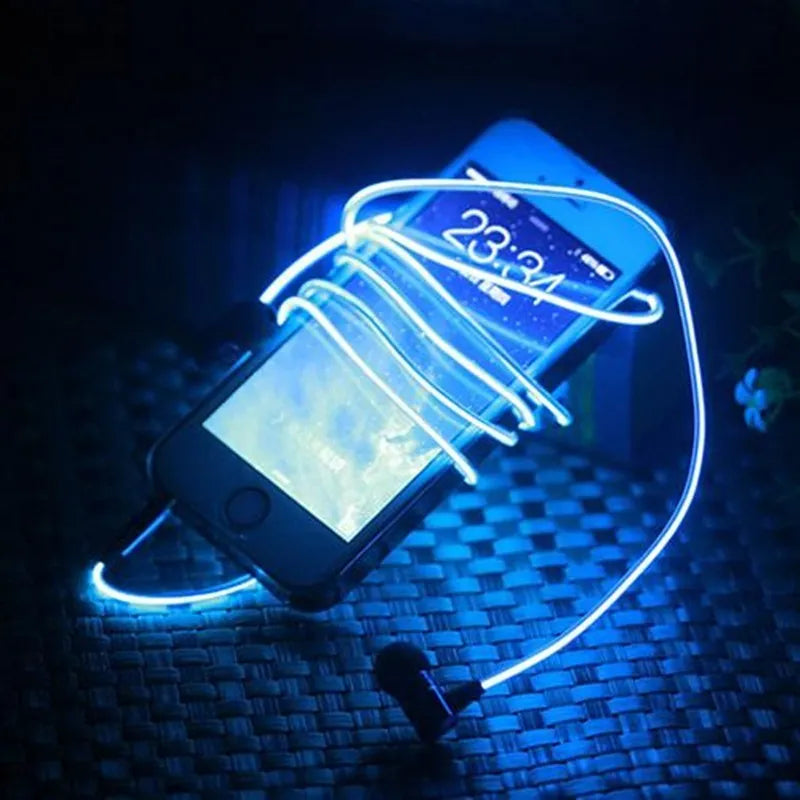 Blue LED light-up earphones with 3.5mm plug and inline remote microphone for iPhone and Android phones.