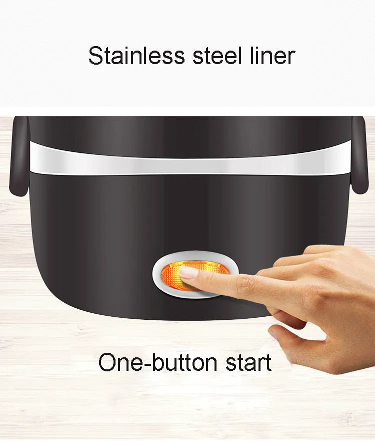 Portable electric lunch box with USB connector showing two-layer design and digital display