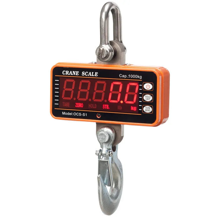 Orange electronic crane scale with digital display and hook attachment for 500 kg weighing capacity