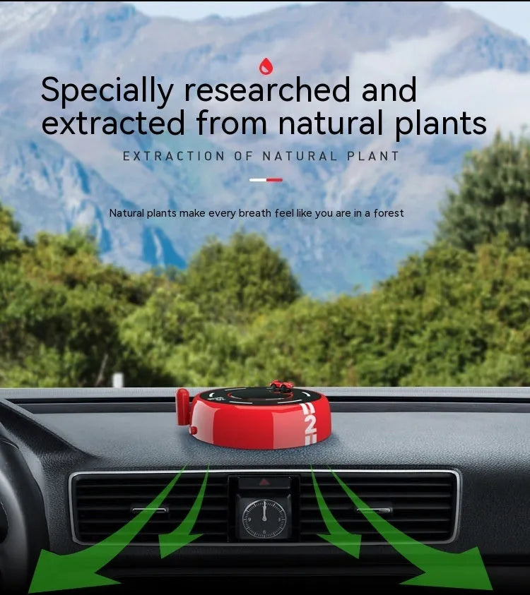Black, red, and white round car model solar aromatherapy decoration for vehicle fragrance.
