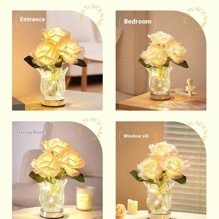 Modern crystal flowers design rechargeable touch table lamp with USB cable on a wooden surface.
