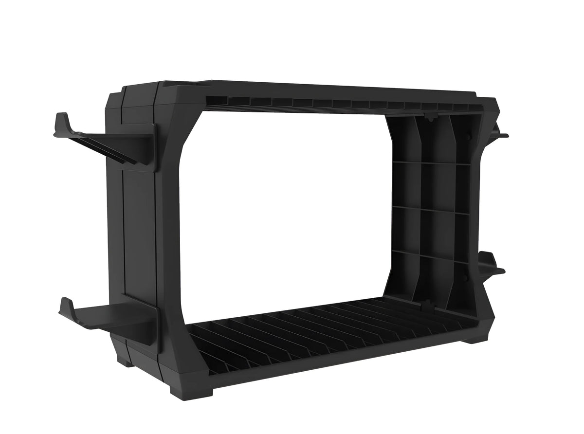 Black ABS plastic PS5 and Xbox Series X disc holder with controller storage stand
