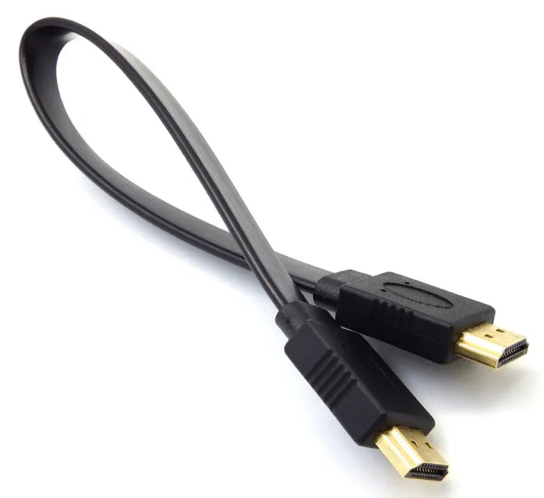 Flat black HDMI cable with standard connectors on a white background.