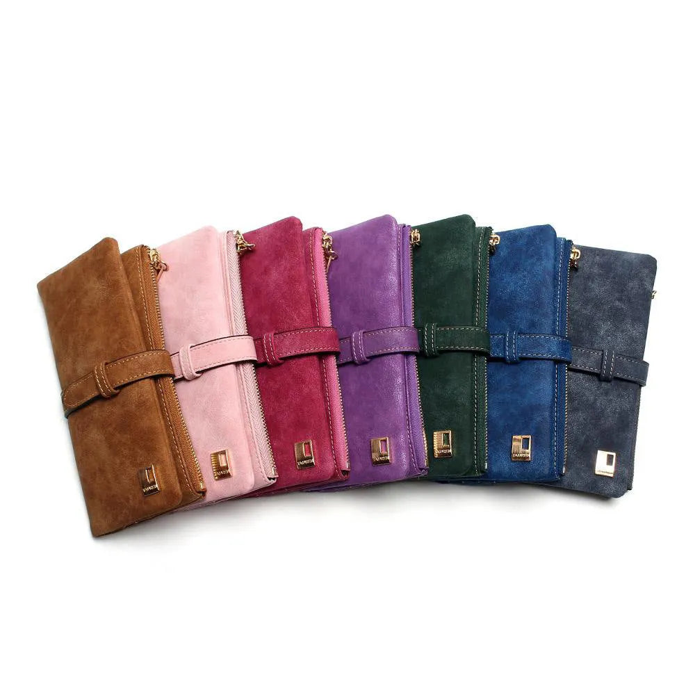 Korean retro matte leather long wallet open showing card slots, phone pocket, and two-fold design