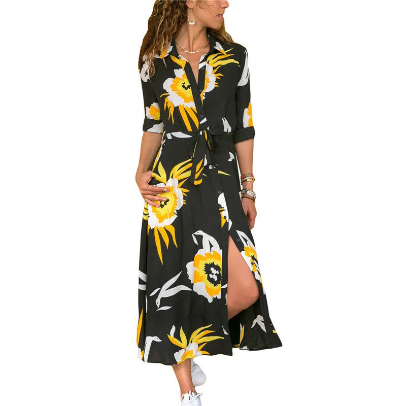Women's vintage print chiffon dress with V-neck and high-waisted A-line skirt in multiple colour options