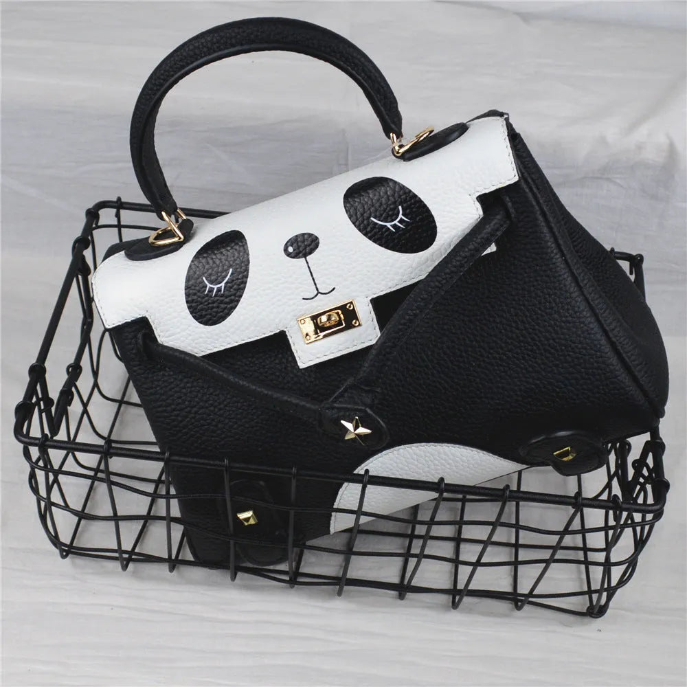 Panda print cow leather handbag in horizontal square shape with animal pattern