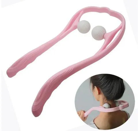 Plastic neck massager with hand roller in pink, blue, or green colours on adjustable stand