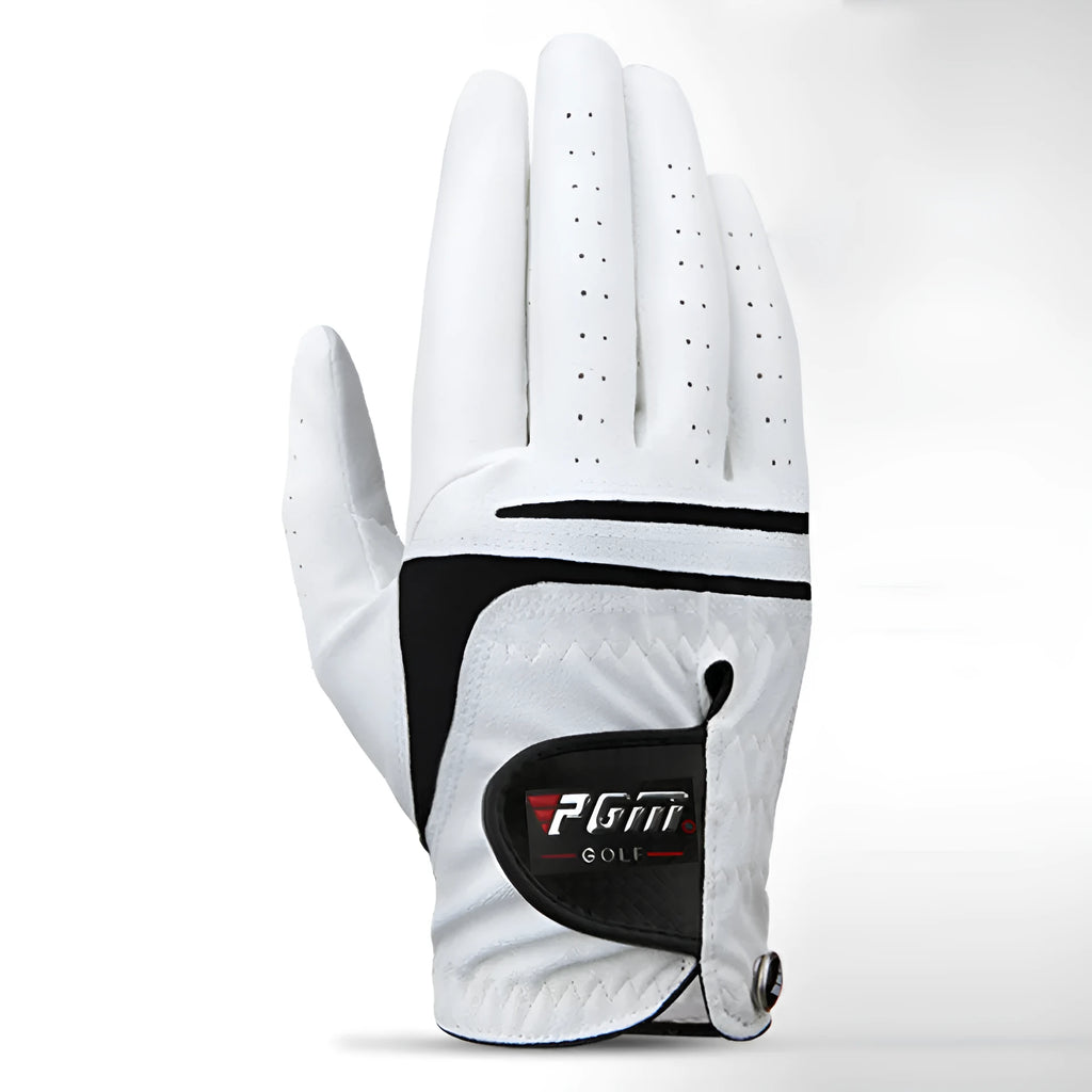 Summer thin section golf glove in real sheepskin leather with anti-skid particles, breathable pores and Velcro closure.