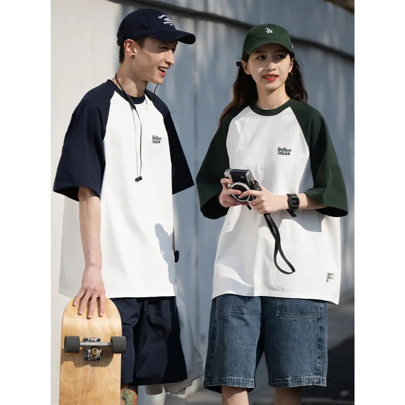 Japanese-style raglan sleeve t-shirt in blue, green, and grey colours with loose fit design