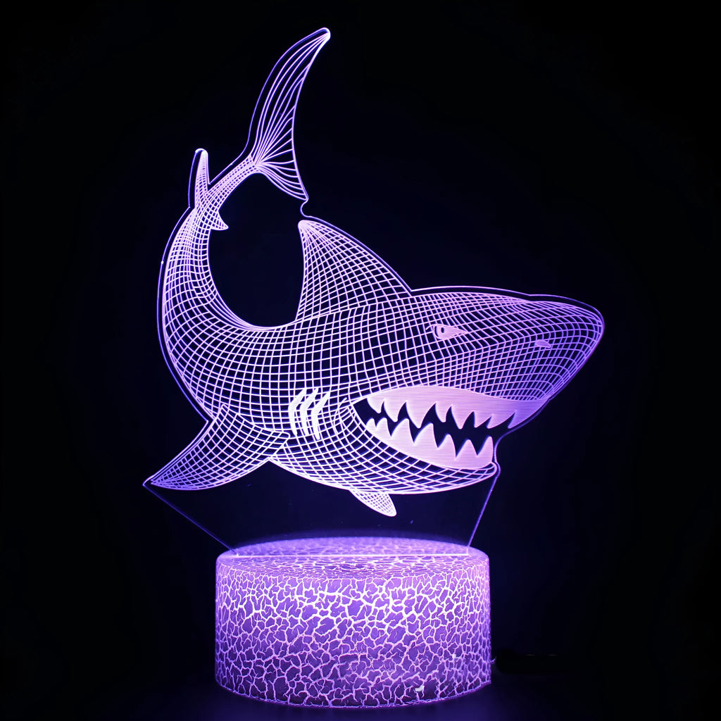 3D shark-shaped LED table lamp with touch control base showing 16 colour options