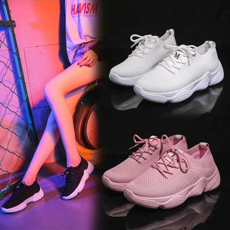 Women's white thick-soled sports shoes with flying woven upper and front strap design