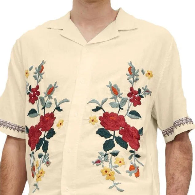 Apricot vintage floral print men's casual summer shirt with short sleeves