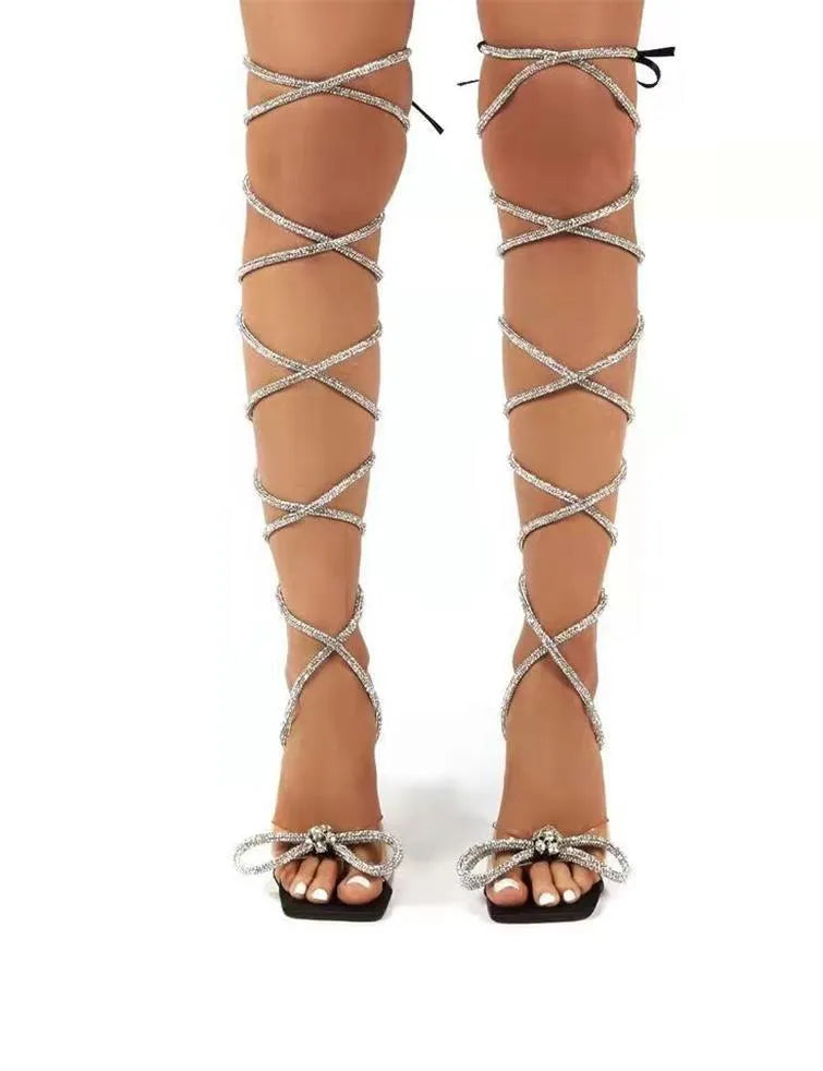 Plus size women's strappy sandals with rhinestone Roman-style straps and square toe