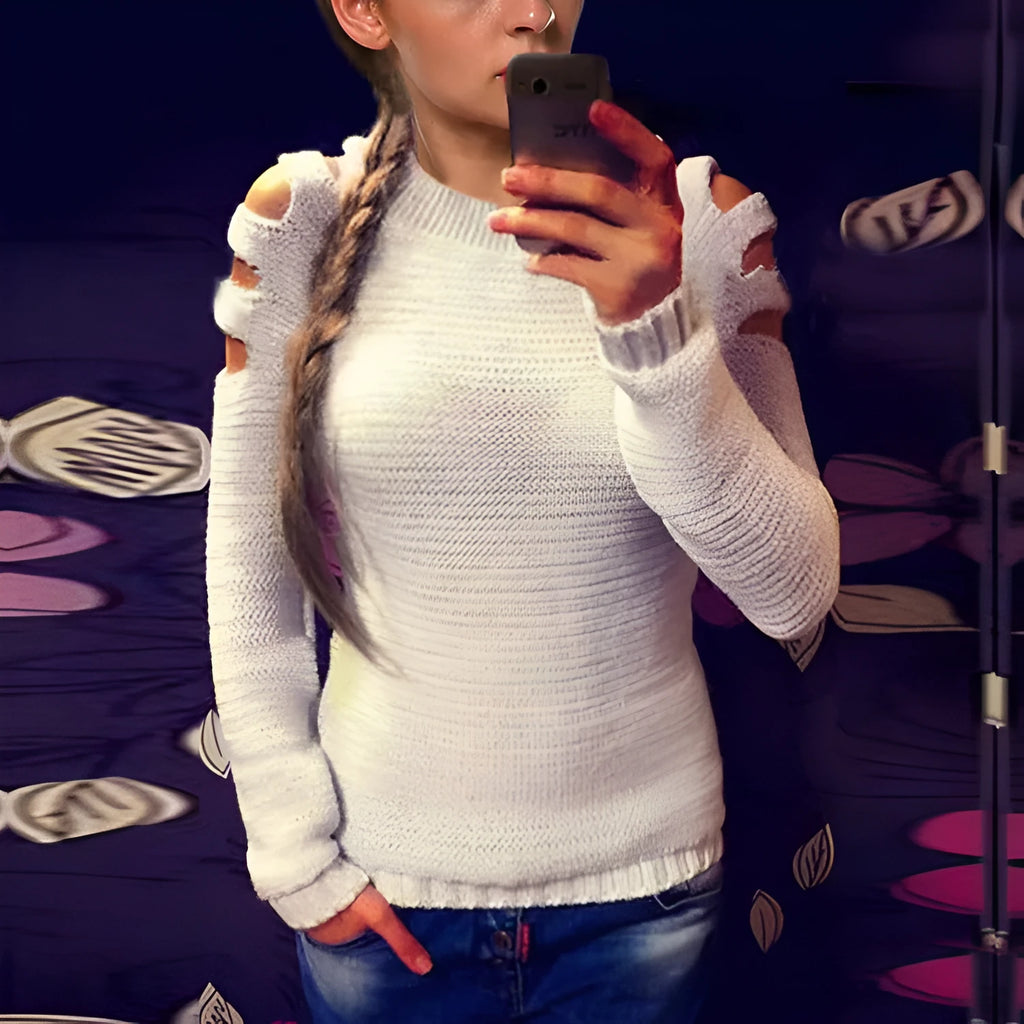 Women's solid colour crochet hollow-out knitted shirt with round neck and long sleeves