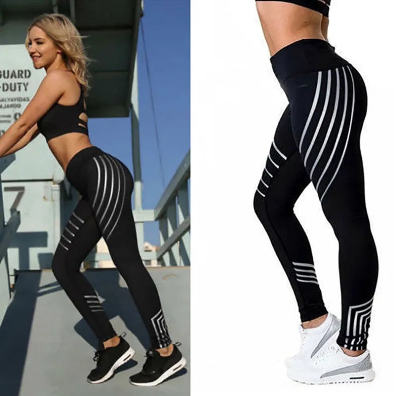Women's black workout leggings with glow-in-the-dark print pattern for fitness activities