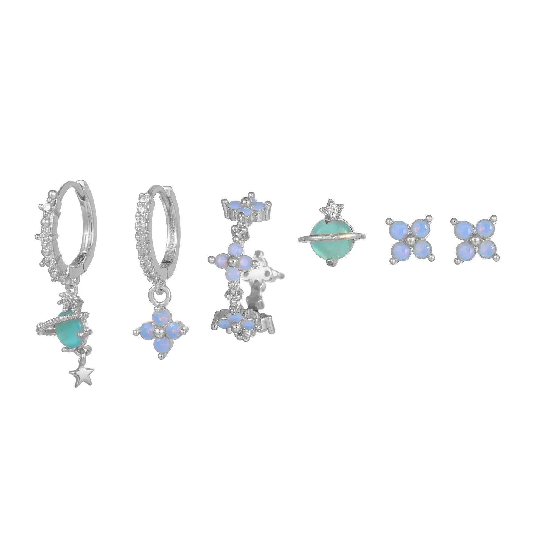 Japanese Korean style flower ear studs with zircon mosaic on copper in gold and silver colours