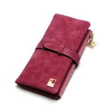 Korean retro matte leather long wallet open showing card slots, phone pocket, and two-fold design