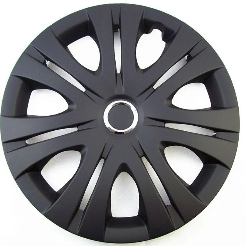 Universal car wheel hub cover in ABS plastic showing black, silver, and electroplated finish options.