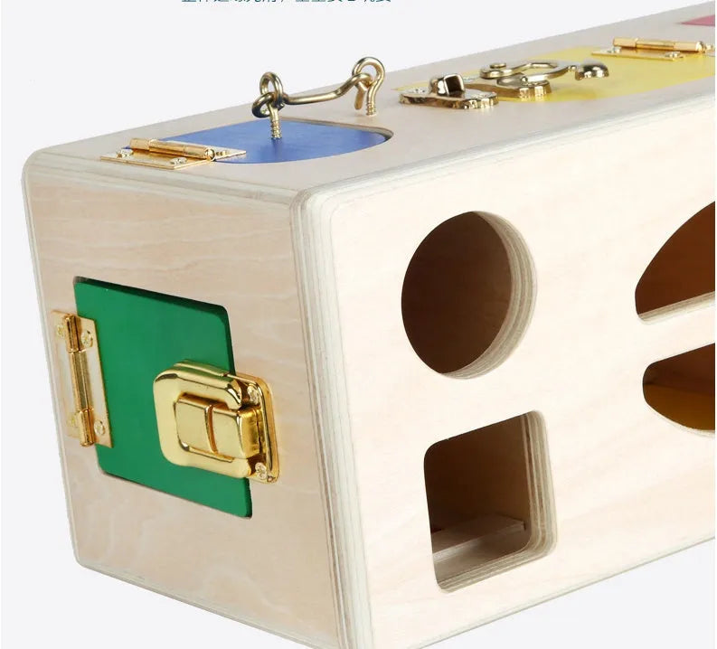 Wooden educational shape sorting box with 12 matching blocks for preschool children